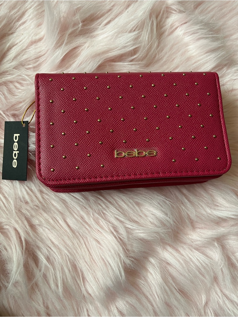 bebe Berry Red Studded shoulder bag with Gold Logo